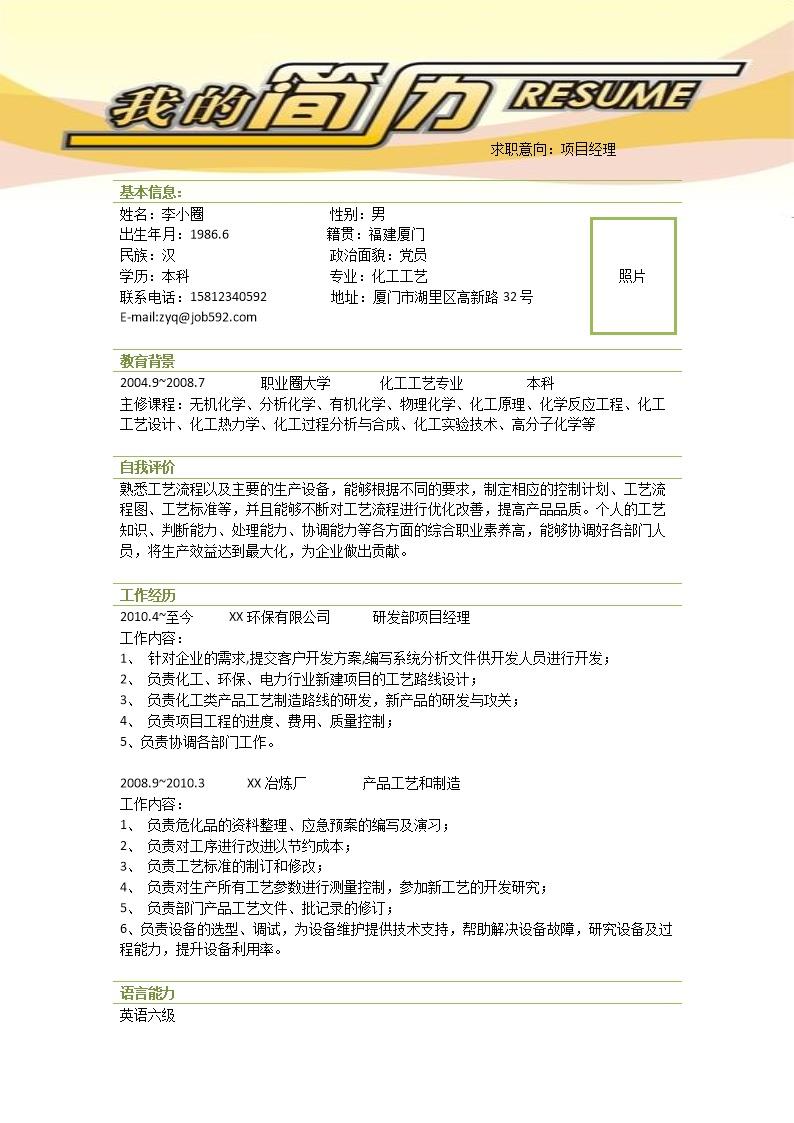 2877_化工方面项目经理应聘简历模板-  - 化学化工简历模板